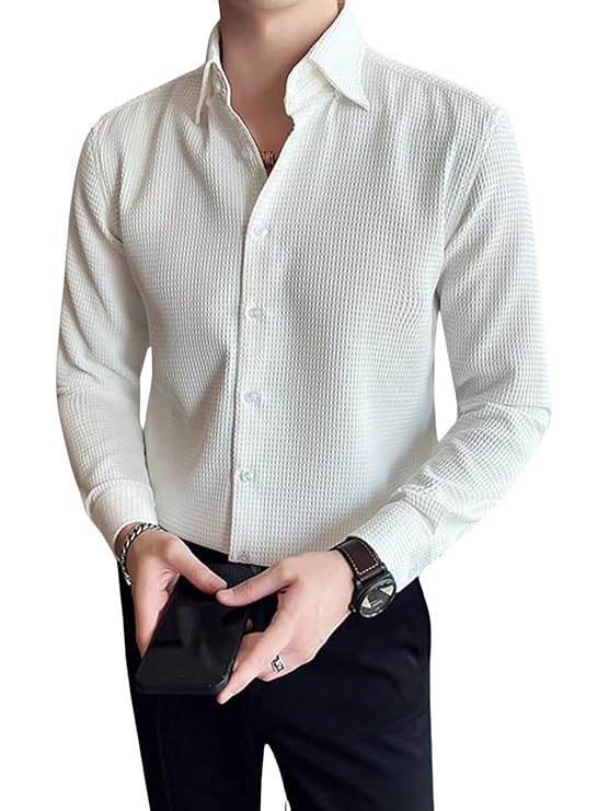 GRECIILOOKS Men's Formal Button Down Shirt – Slim Fit Shirt's for Men | Textured Long Sleeve Polycotton| Business & Meeting Ready (Available in Plus Size and Combo Pack of 2)