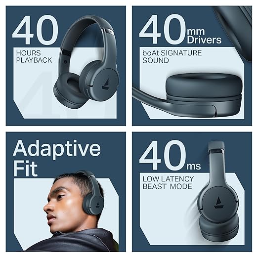boAt Rockerz 411 (2025 Launch), 40Ms Low Latency, 40Hrs Battery, 40Mm Drivers, Enx Tech, Integrated Controls, V5.4 Bluetooth Headphones, Wireless Over Ear Headphone with Mic (Bold Blue)