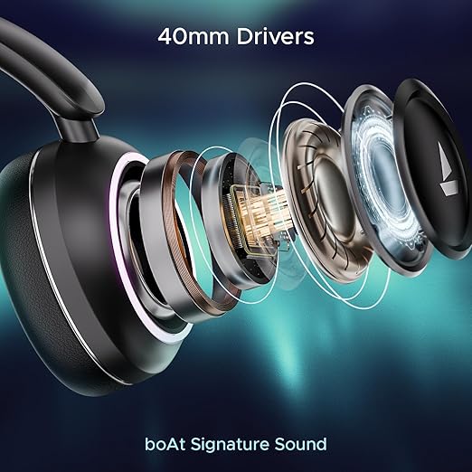 boAt Rockerz 480 W/RGB LEDs, 6 Light Modes, 40Mm Drivers, Beast Mode, 60Hrs Playback, Enx Tech, BT V5.3, Adaptive Fit & Easy Access Controls, Bluetooth Over Ear Headphones(Black Sabre)