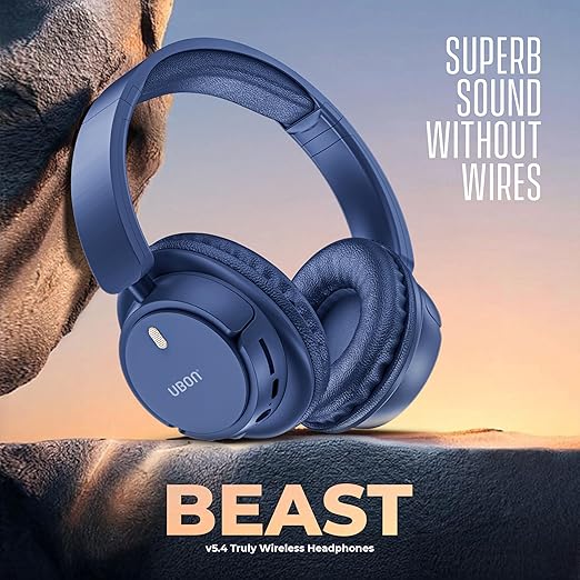 UBON HP-705 Beast Bluetooth Headphones with 30 Hrs Playtime | Deep Bass | 40 MM Driver | Soft Cushion | Over The Ear Headphones (Blue)